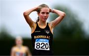 28 June 2025; Megan Brunt of Blackrock AC, Dublin, reacts after winning the Girls Under 18 3000m during day one of the 123.ie National Juveniles Track & Field Championships at Tullamore Harriers Athletics Club in Offaly. Photo by Ben McShane/Sportsfile