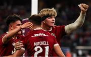 28 June 2025; Henry Pollock of British & Irish Lions, right, celebrates with teammates Marcus Smith, left, and Alex Mitchell after Mitchell scored their side's eighth try during the tour match between Western Force and the British & Irish Lions at Optus Stadium in Perth, Australia. Photo by Steve Christo/Sportsfile