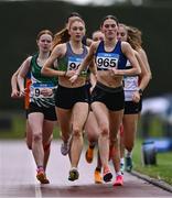 28 June 2025; Dearbhla Allen of St. Peter's AC, Louth, centre, leads the field in the Girls Under 19 3000m during day one of the 123.ie National Juveniles Track & Field Championships at Tullamore Harriers Athletics Club in Offaly. Photo by Ben McShane/Sportsfile
