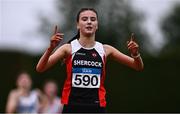 28 June 2025; Abby Smith of Shercock AC, Cavan, celebrates after winning the Girls Under 17 3000m during day one of the 123.ie National Juveniles Track & Field Championships at Tullamore Harriers Athletics Club in Offaly. Photo by Ben McShane/Sportsfile