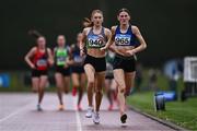 28 June 2025; Dearbhla Allen of St. Peter's AC, Louth, right, and Eimear Cooney of Ace Athletics Club, Louth, lead the field in the Girls Under 19 3000m during day one of the 123.ie National Juveniles Track & Field Championships at Tullamore Harriers Athletics Club in Offaly. Photo by Ben McShane/Sportsfile