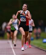28 June 2025; Abby Smith of Shercock AC, Cavan, on her way to winning the Girls Under 17 3000m during day one of the 123.ie National Juveniles Track & Field Championships at Tullamore Harriers Athletics Club in Offaly. Photo by Ben McShane/Sportsfile