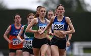 28 June 2025; Dearbhla Allen of St. Peter's AC, Louth, centre, leads the field in the Girls Under 19 3000m during day one of the 123.ie National Juveniles Track & Field Championships at Tullamore Harriers Athletics Club in Offaly. Photo by Ben McShane/Sportsfile