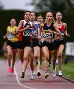 28 June 2025; Emma Stewart of Dromore AC, Down, 626, leads the field in the Girls Under 17 3000m during day one of the 123.ie National Juveniles Track & Field Championships at Tullamore Harriers Athletics Club in Offaly. Photo by Ben McShane/Sportsfile