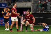 28 June 2025; Joe McCarthy of British & Irish Lions, right, celebrates with teammate James Lowe after scoring their side's sixth try  during the tour match between Western Force and the British & Irish Lions at Optus Stadium in Perth, Australia. Photo by Steve Christo/Sportsfile