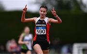 28 June 2025; Abby Smith of Shercock AC, Cavan, celebrates after winning the Girls Under 17 3000m during day one of the 123.ie National Juveniles Track & Field Championships at Tullamore Harriers Athletics Club in Offaly. Photo by Ben McShane/Sportsfile