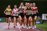 28 June 2025; Emma Stewart of Dromore AC, Down, 626, leads the field in the Girls Under 17 3000m during day one of the 123.ie National Juveniles Track & Field Championships at Tullamore Harriers Athletics Club in Offaly. Photo by Ben McShane/Sportsfile