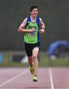 28 June 2025; Peter Brennan of Metro/St. Brigids AC, Dublin, competes in the Boys Under 18 3000m during day one of the 123.ie National Juveniles Track & Field Championships at Tullamore Harriers Athletics Club in Offaly. Photo by Ben McShane/Sportsfile