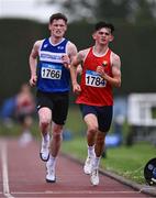 28 June 2025; Ben O'Reilly Murphy of Cork City AC, Cork, left, and Odhran Mc Brearty of Finn Valley AC, Donegal, competes in the Boys Under 18 3000m during day one of the 123.ie National Juveniles Track & Field Championships at Tullamore Harriers Athletics Club in Offaly. Photo by Ben McShane/Sportsfile