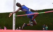 28 June 2025; El'Nathan Okoh of Longford AC, Longford, competes in the Boys Under 14 High Jump during day one of the 123.ie National Juveniles Track & Field Championships at Tullamore Harriers Athletics Club in Offaly. Photo by Ben McShane/Sportsfile