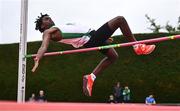 28 June 2025; Halle Feerick of Craughwell AC, Galway, competes in the Boys Under 14 High Jump during day one of the 123.ie National Juveniles Track & Field Championships at Tullamore Harriers Athletics Club in Offaly. Photo by Ben McShane/Sportsfile