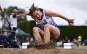 28 June 2025; Ava Barry of Kilmore AC, Wexford, competes in the Girls Under 18 Triple Jump during day one of the 123.ie National Juveniles Track & Field Championships at Tullamore Harriers Athletics Club in Offaly. Photo by Ben McShane/Sportsfile