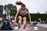 28 June 2025; Elaine Miller of St. Abbans AC, Laois, competes in the Girls Under 18 Triple Jump during day one of the 123.ie National Juveniles Track & Field Championships at Tullamore Harriers Athletics Club in Offaly. Photo by Ben McShane/Sportsfile