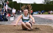 28 June 2025; Penny Clarke Doran of Raheny Shamrock AC, Dublin, competes in the Girls Under 18 Long Jump during day one of the 123.ie National Juveniles Track & Field Championships at Tullamore Harriers Athletics Club in Offaly. Photo by Ben McShane/Sportsfile