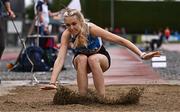 28 June 2025; Jana Moull of Waterford AC, Waterford, competes in the Girls Under 18 Triple Jump during day one of the 123.ie National Juveniles Track & Field Championships at Tullamore Harriers Athletics Club in Offaly. Photo by Ben McShane/Sportsfile