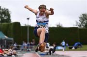 28 June 2025; Lydia Fleischer of Celbridge AC, Kildare, competes in the Girls Under 18 Triple Jump during day one of the 123.ie National Juveniles Track & Field Championships at Tullamore Harriers Athletics Club in Offaly. Photo by Ben McShane/Sportsfile
