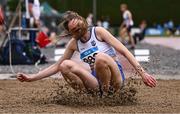28 June 2025; Ava Barry of Kilmore AC, Wexford, competes in the Girls Under 18 Triple Jump during day one of the 123.ie National Juveniles Track & Field Championships at Tullamore Harriers Athletics Club in Offaly. Photo by Ben McShane/Sportsfile