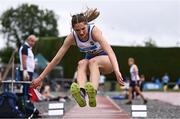 28 June 2025; Ava Barry of Kilmore AC, Wexford, competes in the Girls Under 18 Triple Jump during day one of the 123.ie National Juveniles Track & Field Championships at Tullamore Harriers Athletics Club in Offaly. Photo by Ben McShane/Sportsfile