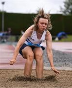 28 June 2025; Lydia Fleischer of Celbridge AC, Kildare, competes in the Girls Under 18 Triple Jump during day one of the 123.ie National Juveniles Track & Field Championships at Tullamore Harriers Athletics Club in Offaly. Photo by Ben McShane/Sportsfile
