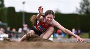 28 June 2025; Kayla Connellan of Ennis Track AC, Clare, competes in the Girls Under 18 Triple Jump during day one of the 123.ie National Juveniles Track & Field Championships at Tullamore Harriers Athletics Club in Offaly. Photo by Ben McShane/Sportsfile