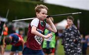 28 June 2025; Aaron Savage of Newport AC, Tipperary, competes in the Boys Under 13 Javelin during day one of the 123.ie National Juveniles Track & Field Championships at Tullamore Harriers Athletics Club in Offaly. Photo by Ben McShane/Sportsfile
