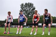 28 June 2025; Competitors, from left, Daniel Hughes of Donore Harriers AC, Dublin, Odhran Mc Brearty of Finn Valley AC, Donegal, Jacob Ciomek of Lucan Harriers AC, Dublin, and Max Murphy of United Striders AC, Wexford, after competing in the Boys Under 18 3000m during day one of the 123.ie National Juveniles Track & Field Championships at Tullamore Harriers Athletics Club in Offaly. Photo by Ben McShane/Sportsfile