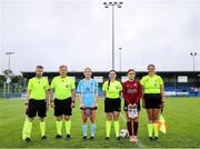 28 June 2025; From left to right, 2nd assistant referee Thomas Clancy, 4th official Tony O'Byrne, Callan United captain Chloe Teehan, referee Lucy O'Sullivan, Athenry FC captain Niamh Kilgannon, and 1st assistant referee Ellie O'Sullivan before the FAI Women's Under-17 Cup final match between Athenry FC and Callan United at Fairview Rangers AFC in Limerick. Photo by Thomas Flinkow/Sportsfile