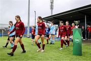 28 June 2025; Players enter the pitch before the FAI Women's Under-17 Cup final match between Athenry FC and Callan United at Fairview Rangers AFC in Limerick. Photo by Thomas Flinkow/Sportsfile