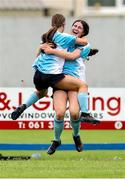 28 June 2025; Chloe Tennyson of Callan United, back, celebrates with teammate Maria Ryan after scoring her side's first goal during the FAI Women's Under-17 Cup final match between Athenry FC and Callan United at Fairview Rangers AFC in Limerick. Photo by Thomas Flinkow/Sportsfile