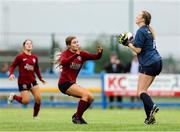 28 June 2025; Anna Jordan of Athenry FC in action against Callan United goalkeeper Robyn Corcoran during the FAI Women's Under-17 Cup final match between Athenry FC and Callan United at Fairview Rangers AFC in Limerick. Photo by Thomas Flinkow/Sportsfile