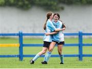 28 June 2025; Chloe Tennyson of Callan United, right, celebrates after scoring her side's second goal during the FAI Women's Under-17 Cup final match between Athenry FC and Callan United at Fairview Rangers AFC in Limerick. Photo by Thomas Flinkow/Sportsfile