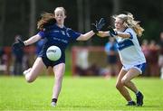 28 June 2025; Brinan O'Sullivan of New York in action against Emma McVey of Ballinderry Shamrocks during the LGFA Division 1 match between New York and Ballinderry Shamrocks at the John West Féile Peile na nÓg Gaelic Football and LGFA National Finals at Derry GAA Centre of Excellence in Owenbeg, Derry. Photo by Shauna Clinton/Sportsfile