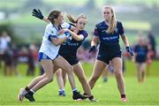 28 June 2025; Clodagh McCrytsal of Ballinderry Shamrocks in action against Fiona Henry of New York during the LGFA Division 1 match between New York and Ballinderry Shamrocks at the John West Féile Peile na nÓg Gaelic Football and LGFA National Finals at Derry GAA Centre of Excellence in Owenbeg, Derry. Photo by Shauna Clinton/Sportsfile