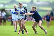 28 June 2025; Clodagh McCrytsal of Ballinderry Shamrocks in action against Fiona Henry of New York during the LGFA Division 1 match between New York and Ballinderry Shamrocks at the John West Féile Peile na nÓg Gaelic Football and LGFA National Finals at Derry GAA Centre of Excellence in Owenbeg, Derry. Photo by Shauna Clinton/Sportsfile