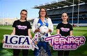1 July 2025; Ladies Gaelic Football Association President Trina Murray, centre, with Whitehall U14 ladies footballers Emma Thorp, left, and Aisling Noonan pictured at Croke Park as the LGFA launches its new ‘Teenage kicks’ app. Photo by Ben McShane/Sportsfile