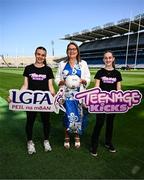 1 July 2025; Ladies Gaelic Football Association President Trina Murray, centre, with Whitehall U14 ladies footballers Emma Thorp, left, and Aisling Noonan pictured at Croke Park as the LGFA launches its new ‘Teenage kicks’ app. Photo by Ben McShane/Sportsfile
