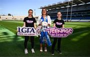 1 July 2025; Ladies Gaelic Football Association President Trina Murray, centre, with Whitehall U14 ladies footballers Emma Thorp, left, and Aisling Noonan pictured at Croke Park as the LGFA launches its new ‘Teenage kicks’ app. Photo by Ben McShane/Sportsfile