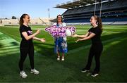 1 July 2025; Ladies Gaelic Football Association President Trina Murray, centre, with Whitehall U14 ladies footballers Emma Thorp, left, and Aisling Noonan pictured at Croke Park as the LGFA launches its new ‘Teenage kicks’ app. Photo by Ben McShane/Sportsfile