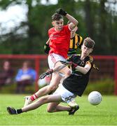 28 June 2025; Jack Loftus of Ballytubber has a shot on goal blocked by Naomh Mearnóg goalkeeper Charlie Murnane during the Football Division 1 match between Ballytubber and Naomh Mearnóg at the John West Féile Peile na nÓg Gaelic Football and LGFA National Finals at Derry GAA Centre of Excellence in Owenbeg, Derry. Photo by Shauna Clinton/Sportsfile