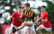 28 June 2025; Aaron Mulryan of Naomh Mearnóg in action against Cillian Donnelly of Ballytubber during the Football Division 1 match between Ballytubber and Naomh Mearnóg at the John West Féile Peile na nÓg Gaelic Football and LGFA National Finals at Derry GAA Centre of Excellence in Owenbeg, Derry. Photo by Shauna Clinton/Sportsfile