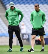 28 June 2025; Donegal footballer Michael Murphy, left, and selector Neil McGee walk the pitch before the GAA Football All-Ireland Senior Championship quarter-final match between Monaghan and Donegal at Croke Park in Dublin. Photo by Piaras Ó Mídheach/Sportsfile