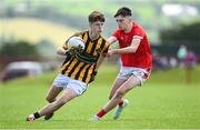 28 June 2025; Aaron Mulryan of Naomh Mearnóg in action against Teegan Heneghan of Ballytubber during the Football Division 1 match between Ballytubber and Naomh Mearnóg at the John West Féile Peile na nÓg Gaelic Football and LGFA National Finals at Derry GAA Centre of Excellence in Owenbeg, Derry. Photo by Shauna Clinton/Sportsfile