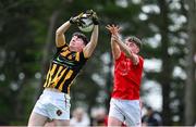 28 June 2025; Cillian Donnelly of Ballytubber in action against Cian Leavy of Naomh Mearnóg during the Football Division 1 match between Ballytubber and Naomh Mearnóg at the John West Féile Peile na nÓg Gaelic Football and LGFA National Finals at Derry GAA Centre of Excellence in Owenbeg, Derry. Photo by Shauna Clinton/Sportsfile