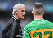 28 June 2025; Donegal manager Jim McGuinness with Patrick McBrearty before the GAA Football All-Ireland Senior Championship quarter-final match between Monaghan and Donegal at Croke Park in Dublin. Photo by David Fitzgerald/Sportsfile