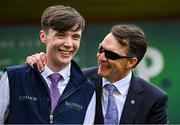 28 June 2025; Trainer Aidan O'Brien and groom Killian Murphy after sending out Whirl to win the Paddy Power Pretty Polly Stakes during day two of the Dubai Duty Free Irish Derby Festival at The Curragh Racecourse in Kildare. Photo by Seb Daly/Sportsfile