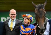 28 June 2025; Jockey Ryan Moore with MV Magnier and Whirl after winning the Paddy Power Pretty Polly Stakes during day two of the Dubai Duty Free Irish Derby Festival at The Curragh Racecourse in Kildare. Photo by Seb Daly/Sportsfile