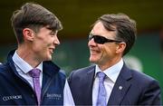 28 June 2025; Trainer Aidan O'Brien and groom Killian Murphy after sending out Whirl to win the Paddy Power Pretty Polly Stakes during day two of the Dubai Duty Free Irish Derby Festival at The Curragh Racecourse in Kildare. Photo by Seb Daly/Sportsfile