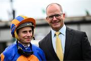 28 June 2025; Jockey Ryan Moore with MV Magnier after winning the Paddy Power Pretty Polly Stakes during day two of the Dubai Duty Free Irish Derby Festival at The Curragh Racecourse in Kildare. Photo by Seb Daly/Sportsfile