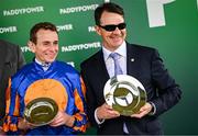 28 June 2025; Jockey Ryan Moore and trainer Aidan O'Brien after winning the Paddy Power Pretty Polly Stakes with Whirl during day two of the Dubai Duty Free Irish Derby Festival at The Curragh Racecourse in Kildare. Photo by Seb Daly/Sportsfile