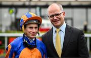 28 June 2025; Jockey Ryan Moore with MV Magnier after winning the Paddy Power Pretty Polly Stakes during day two of the Dubai Duty Free Irish Derby Festival at The Curragh Racecourse in Kildare. Photo by Seb Daly/Sportsfile